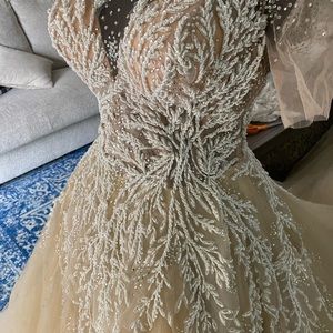 Champagne Wedding Gown Hand-beaded Lace Applique